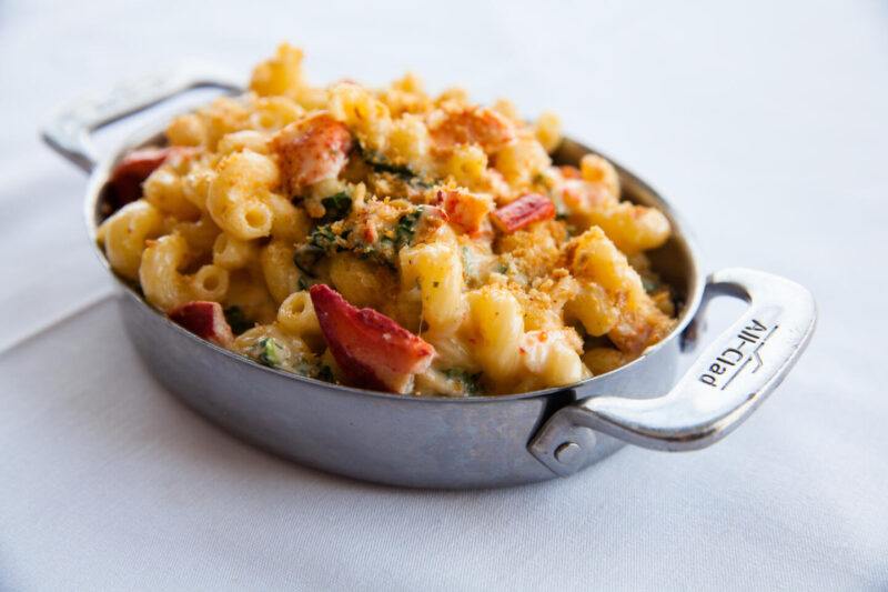 Shaw's Lobster Mac and Cheese presented in a small baking pan