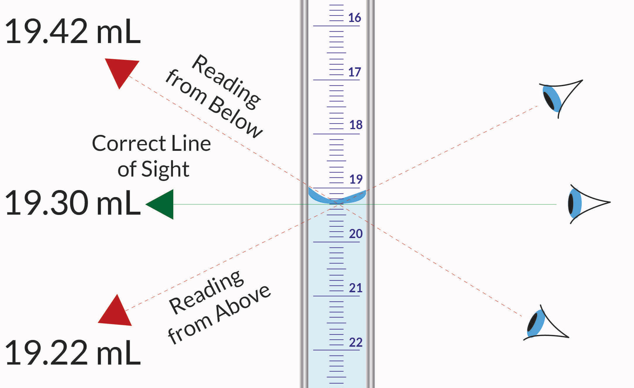 An image of the top of the
solution in a buret is being
viewed from three different
angles resulting in three
different readings of volume.
The markings on the buret are
ascending from top reading of
16 milliliters to 22 milliliters at
the bottom. The meniscus is
located between the 19
milliliter mark and the 20
milliliter mark. The eye
reading from below the
meniscus reads 19.42 milliliters.
The eye reading from above
the meniscus reads 19.22
milliliters. The eye reading
from even with the meniscus
reads the correct measurement
of 19.30 milliliters.