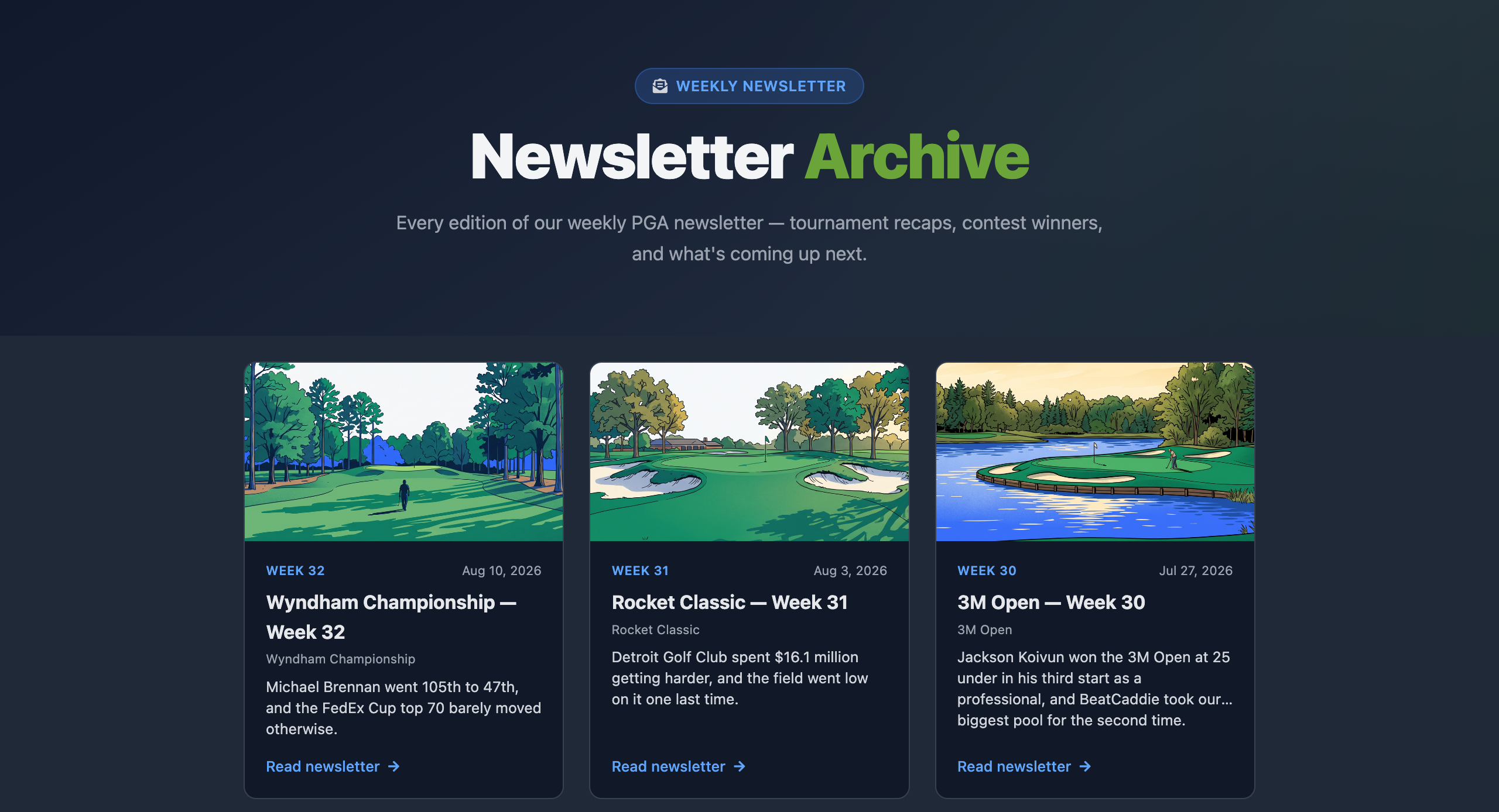 The newsletter archive at /newsletters