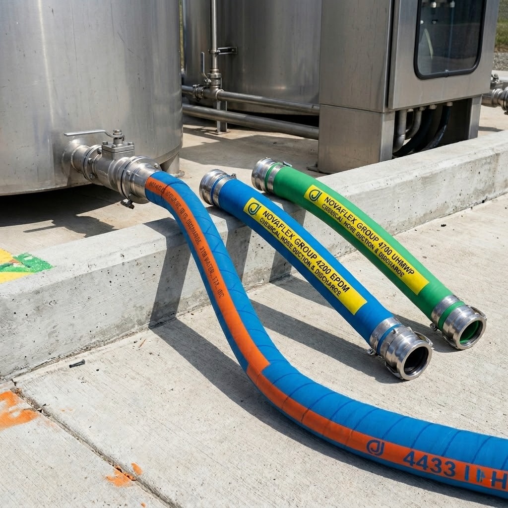 industrial chemical transfer hose assemblies for bulk unloading and corrosive fluid handling
