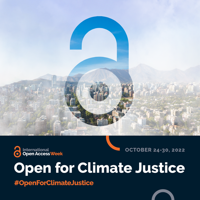 Open access icon superimposed on top of a green cityscape, tagline "Open for Climate Justice"