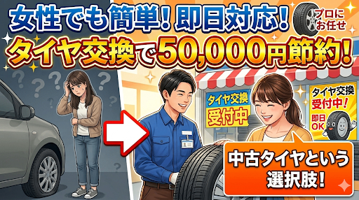 女性でも簡単！即日解決！タイヤ交換で50,000円節約！中古タイヤという選択肢も検討してみよう