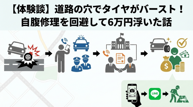 【体験談】道路の穴でタイヤがバースト！自腹修理を回避して6万円浮いた話