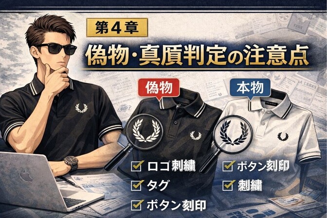 ④「フレッドペリーせどり」第４章：「偽物」「真贋判定」の注意点について、解説。