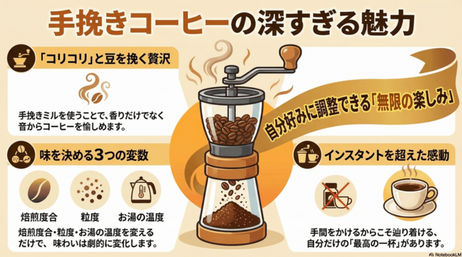 インスタント派だった私が、手挽きミルの「コリコリ」に魅了された理由：コーヒーの概念を変える3つの発見