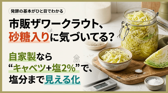 🥬 市販ザワークラウトの「砂糖入り」に気づいてる？｜キャベツ＋塩2%で作る本物の乳酸発酵レシピ