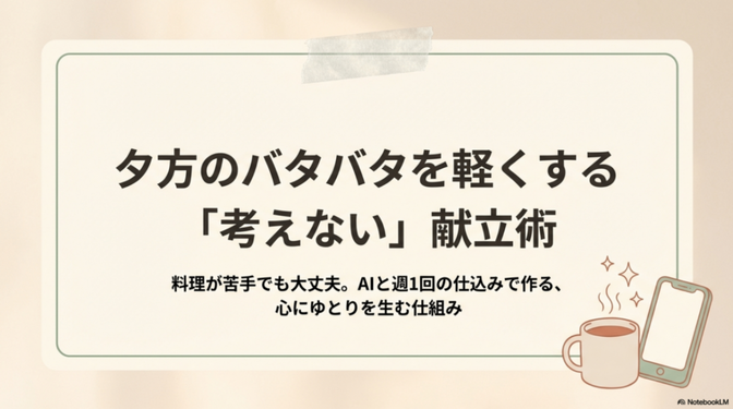 【夕方のバタバタを軽くする】料理が苦手でも大丈夫。「AI献立」と「週１の仕込み」で心にゆとりを