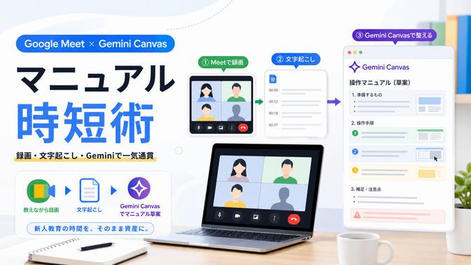 Google Meet × Gemini Canvas で、教えた瞬間にマニュアルが出来上がる時短術｜リベシティノウハウ図書館