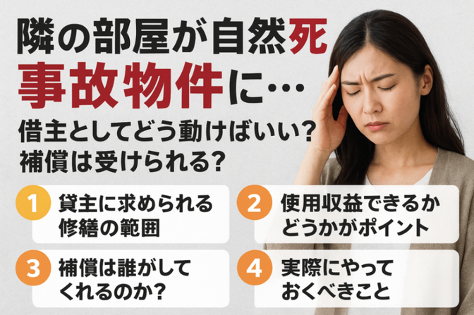 隣の部屋が自然死事故物件に…借主としてどう動けばいい？補償は受けられる？