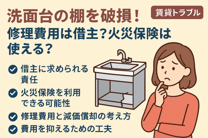 洗面台の棚を破損！修理費用は借主？火災保険は使える？