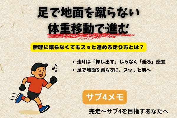 【005】足で地面を蹴らない。体重移動で進む～完走からサブ4を目指すあなたへ～