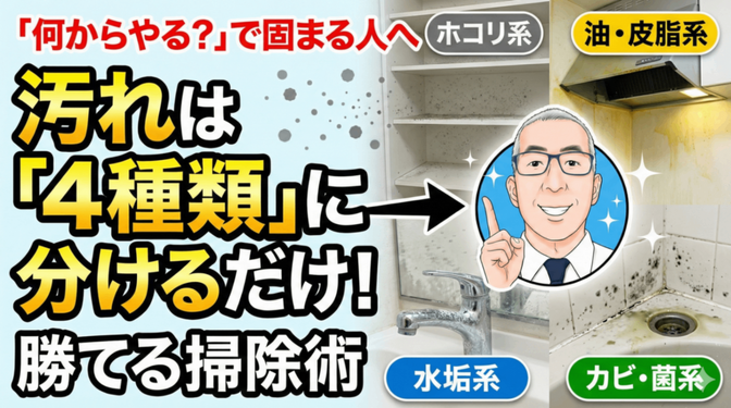 🧭掃除で迷子になる人へ｜汚れは「4種類」に分けるだけで勝てる💡（ロクナナ掃除サイクル②）