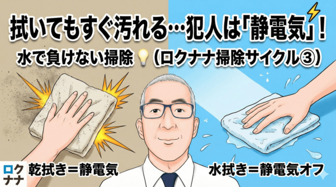 ⚡拭いてもすぐ汚れる原因は静電気！水拭きで解決（ロクナナ掃除サイクル③）