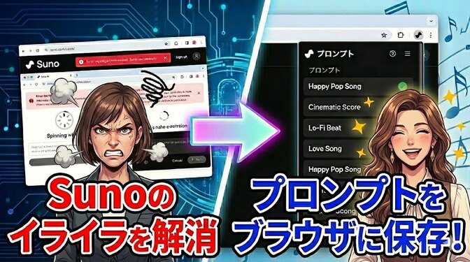 【Suno AIで曲の作成作業を効率化！】歌詞やプロンプトの入力が簡単になる拡張機能を作りました