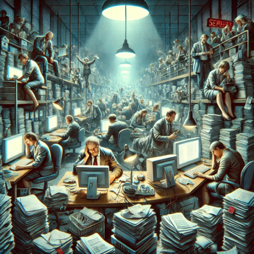 DALL·E 2024-10-02 20.51.15 - A chaotic and overwhelming scene depicting the concept of 'hellscape' for office workers. The setting is a crowded, stressful office environment with .png