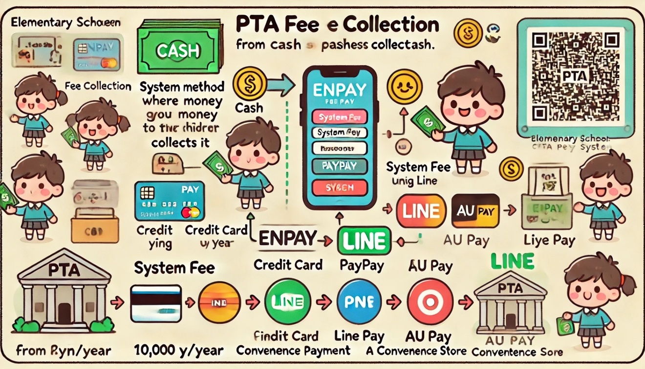 DALL·E 2024-10-04 11.21.15 - A simple and fun flowchart designed for elementary school students explaining the transition of PTA fee collection from cash to enpay-based cashless p.jpeg