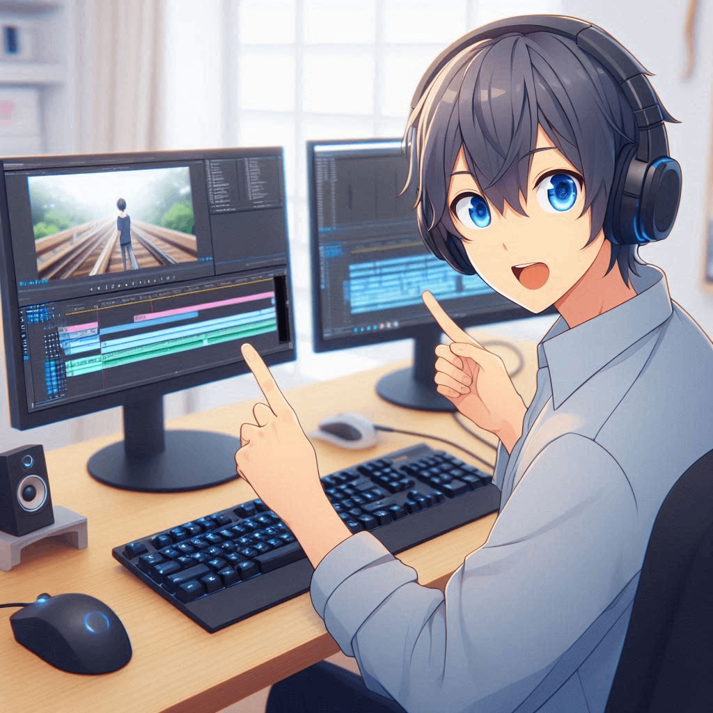 アニメ風の男性がデュアルモニターを使って動画編集をしている風景.png