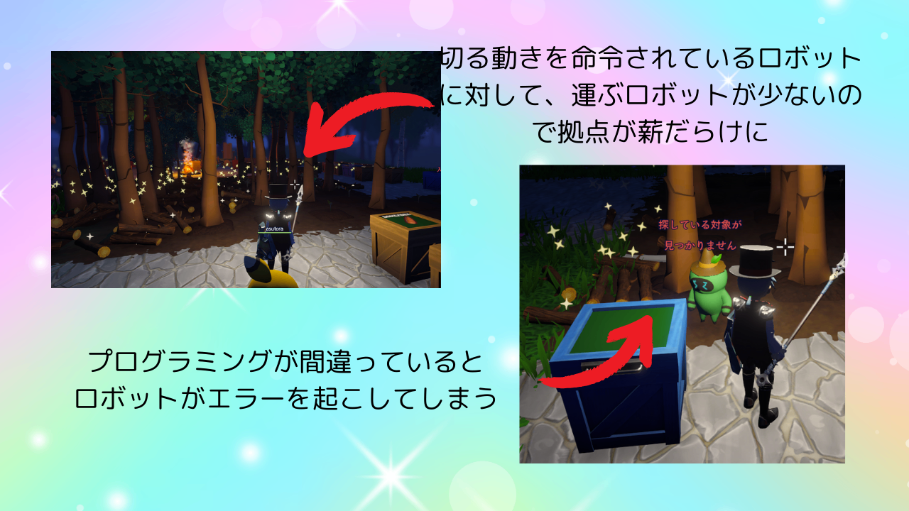 切る動きを命令されているろぼっとにたいして、運ぶロボットが少ないので拠点が薪だらけに.png