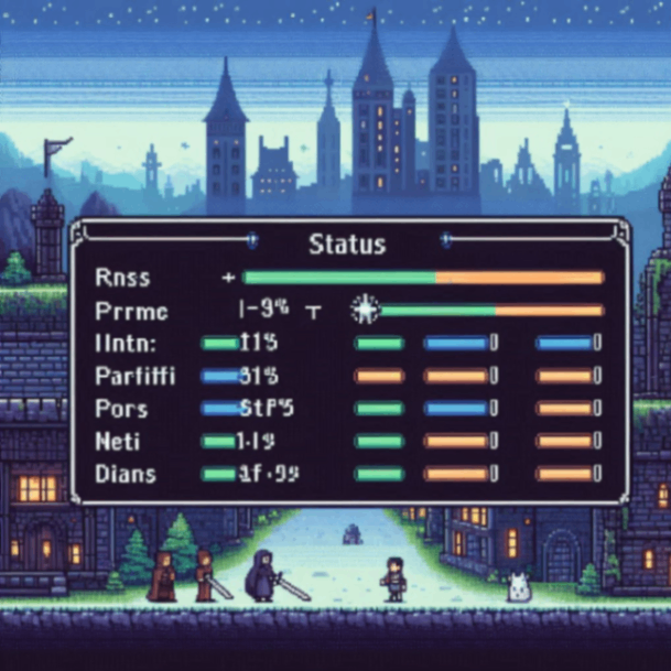 ファミコンのようなドット絵風、INTやSTRのようなパラメーターがかかれているRPGゲームのステータス画面.png