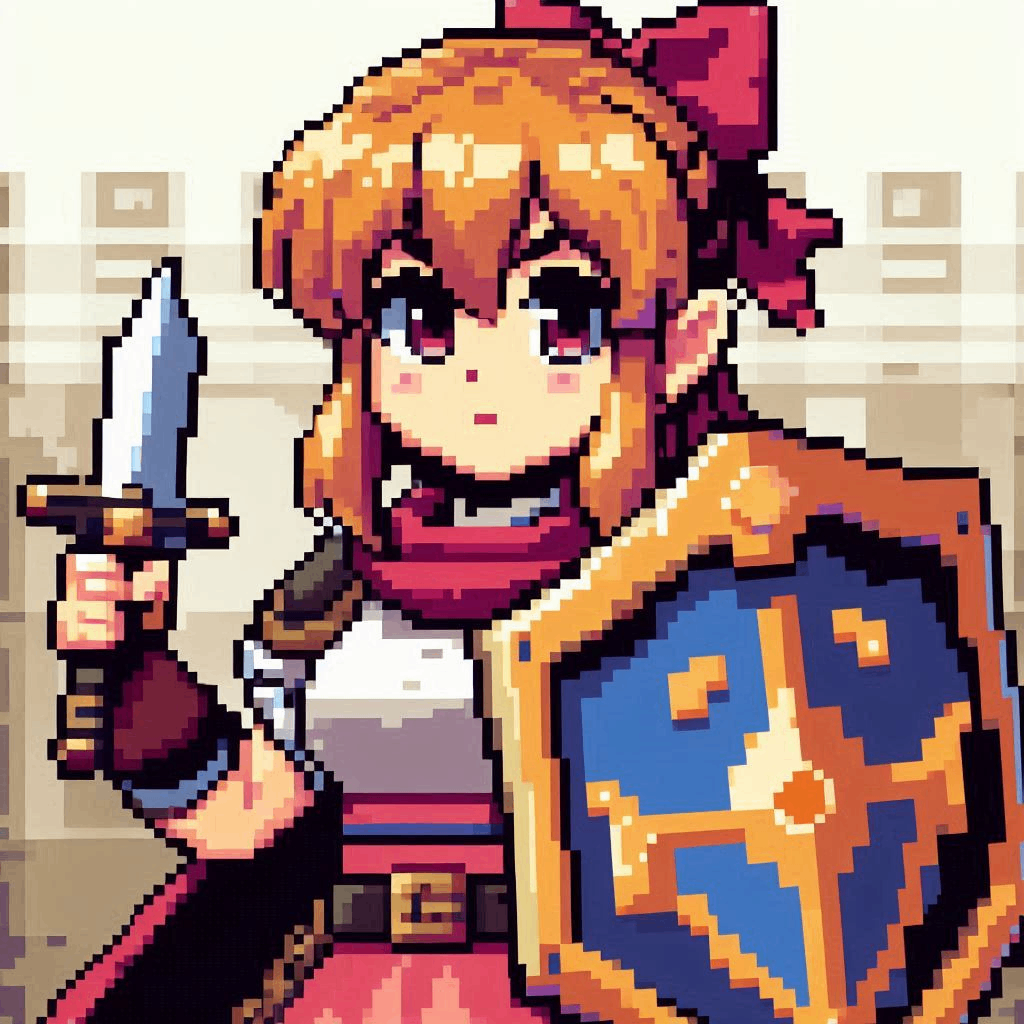ファミコンのようなドット絵風、盾を構える女性キャラクター.png
