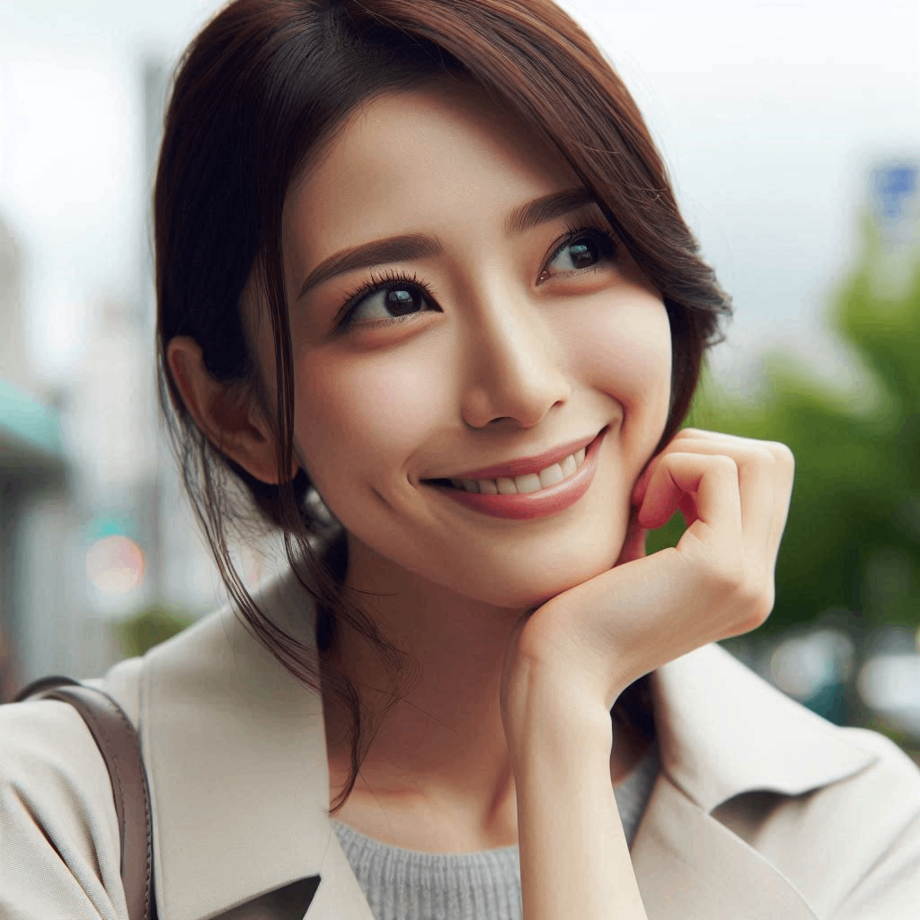 写真風、30代くらいの日本人女性が一人、女性は明るい表情で興味深そうに見ている.png