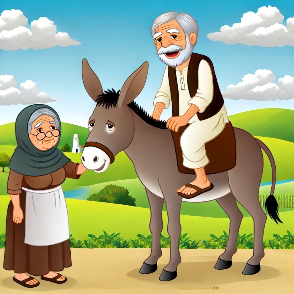 DALL·E 2024-10-11 22.56.01 - An elderly man riding on a donkey alone, with his wife standing beside him on the ground. The couple appears content, with gentle smiles on their face.jpeg