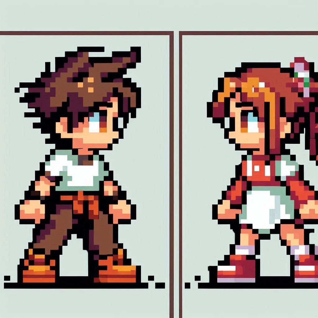 ファミコンのようなドット絵風、男性キャラクターと女性キャラクターが向かい合っている様子 (3).png