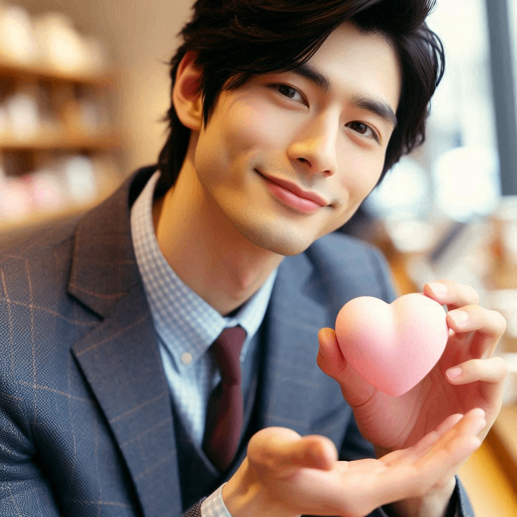 写真風、30代くらいの爽やかな日本人男性一人、男性はハート型の置物を揺らしている、置物はピンク色をしている.png