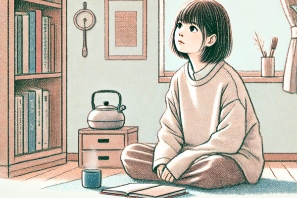 ・床に座って困った顔で斜め上を見ている ・日本の20代の女の子 ・クレヨン画風 ・横長 (1).png