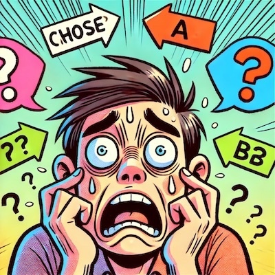 DALL·E 2024-11-14 00.36.33 - A colorful, cartoon-style illustration of a person visibly struggling to make a decision, with a humorous and exaggerated expression of indecision. Thのコピー.jpg