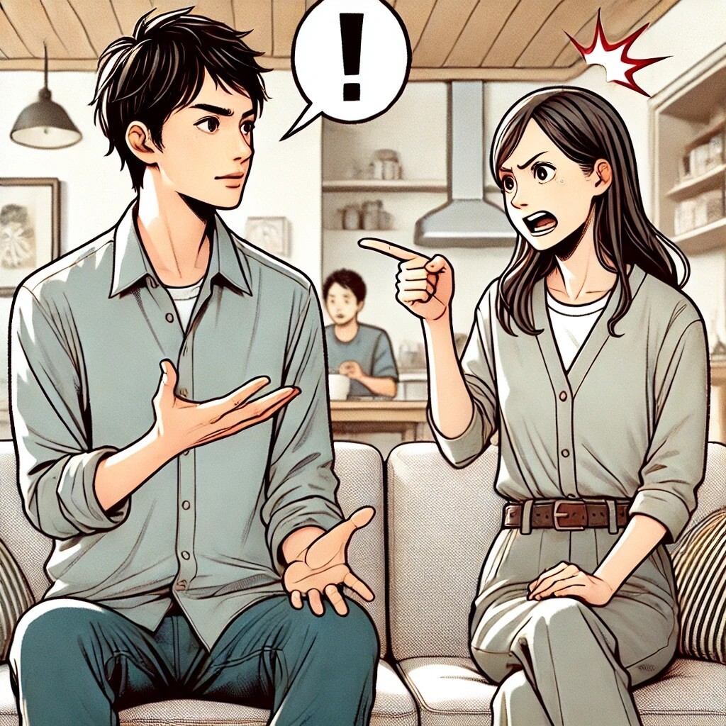 DALL·E 2024-11-15 21.41.30 - An illustration of a young Japanese couple having an argument in their home. The husband is depicted speaking in a logical and composed manner, while .jpeg