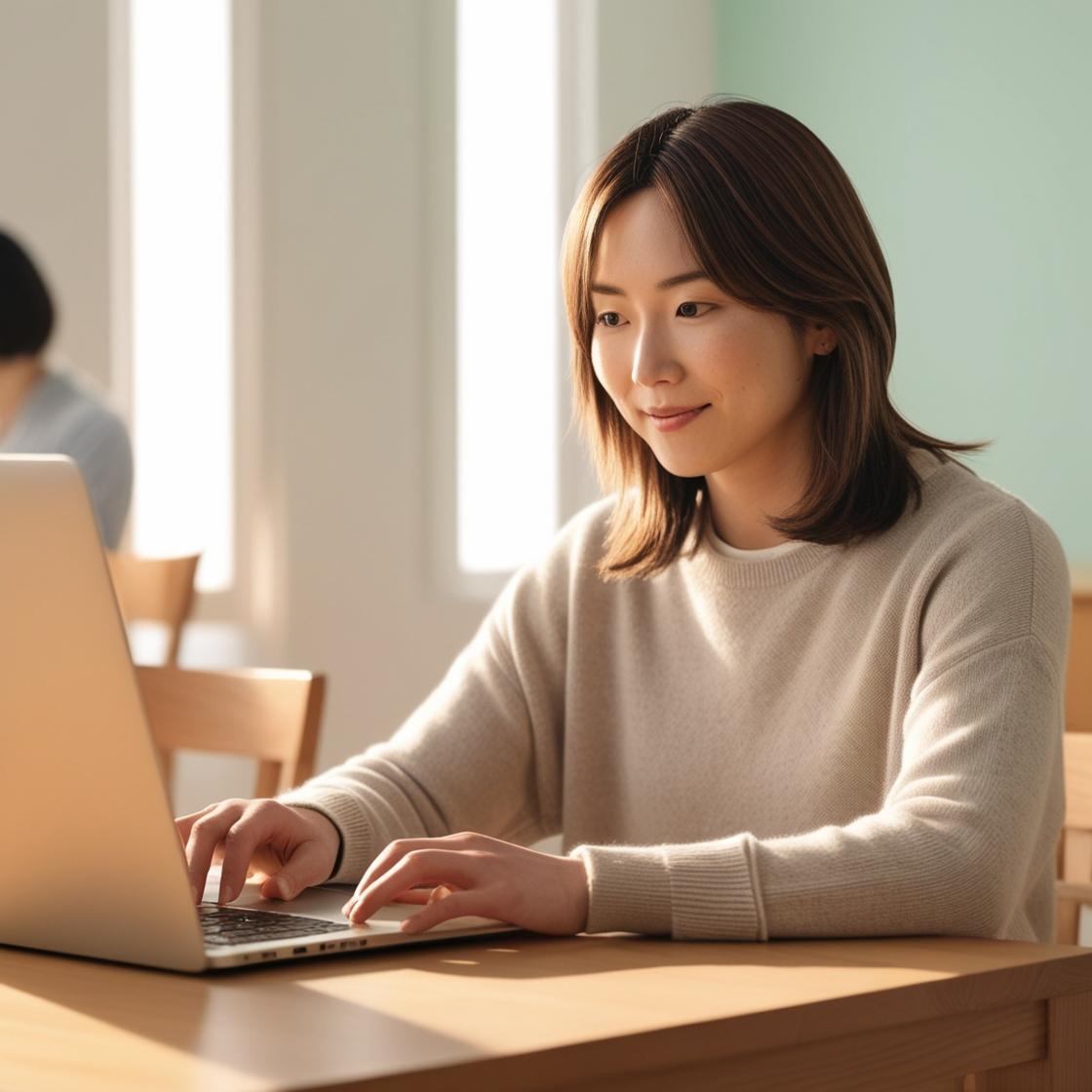 パソコンでネット予約しているカジュアルな服の若い日本人女性.jpg