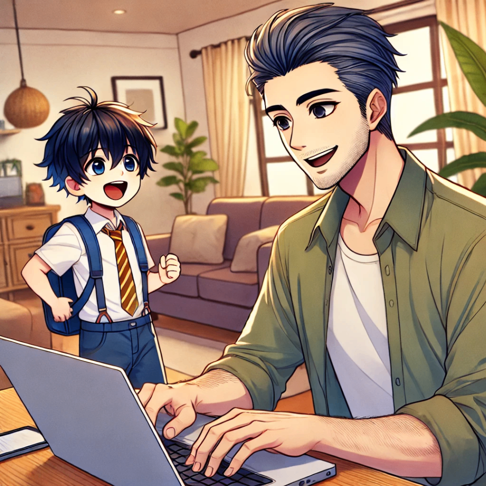 DALL·E 2024-11-21 21.45.31 - A cheerful man working on a laptop in a cozy living room, typing on the keyboard with an enthusiastic expression. Next to him, a young elementary scho.png