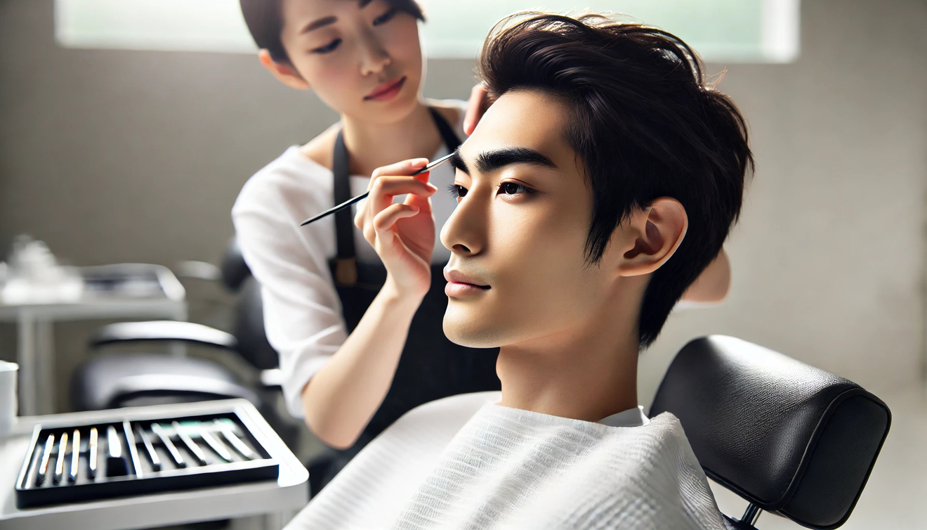DALL·E 2024-11-23 02.13.26 - A young Japanese man getting his eyebrows groomed by a professional. The man is seated in a modern salon chair, and the aesthetician is using a precis.jpg