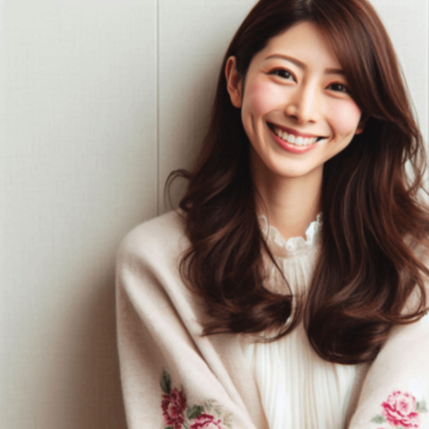 写真風、30代前半くらいの日本人女性、女性は楽しそうな笑みを浮かべて体ごとこちらを向いている.png
