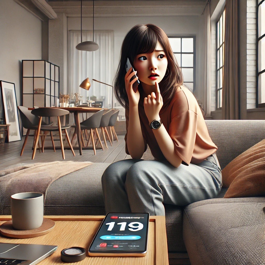 DALL·E 2024-11-25 14.22.10 - A realistic and modern illustration of a Japanese woman making an emergency call to 119, set in a contemporary home environment. She is sitting on a m.jpeg