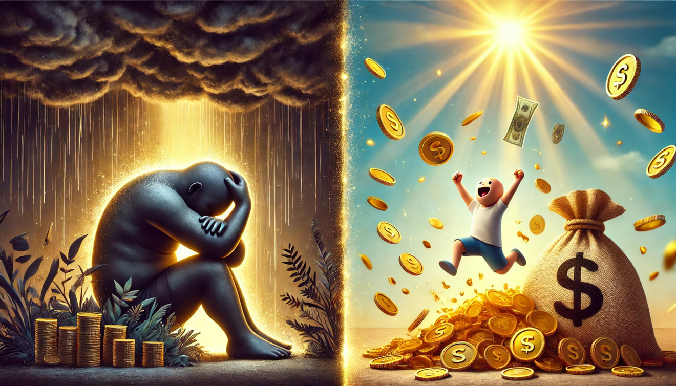 DALL·E 2024-11-25 14.54.23 - A surreal illustration featuring a giant on the left side, sitting with their head in their hands, visibly sad and melancholic, with a dark, stormy ba.jpg