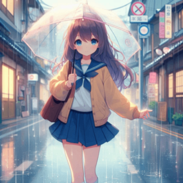 12歳のアニメ風の女の子、大雨の中歩いている姿、長髪、アイコン風.png