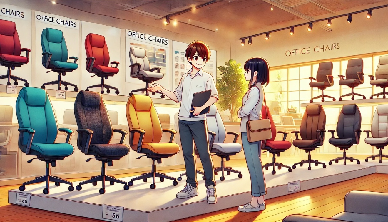 DALL·E 2024-11-29 21.19.51 - A person testing office chairs in a store, Japanese anime style, vibrant colors, with a detailed background of a modern furniture shop featuring a var.jpeg