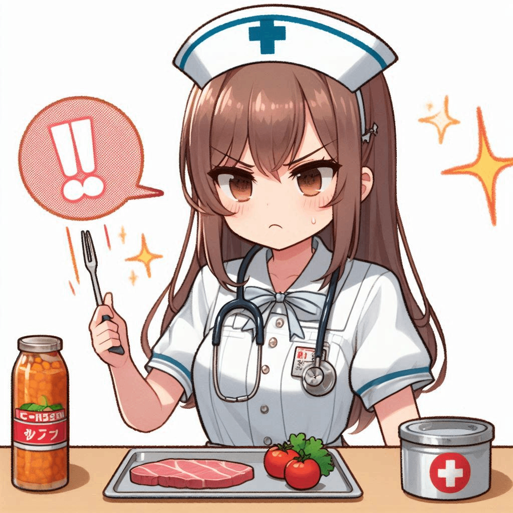 食事準備に焦っているワンオペ看護師さん。アニメ風。可愛い系。.png
