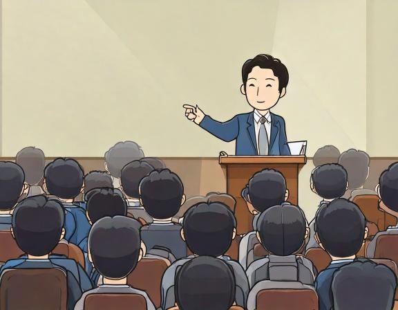 Firefly 講演会で話しているビジネスマンの漫画画像_聴衆の方向が逆 60522.jpg