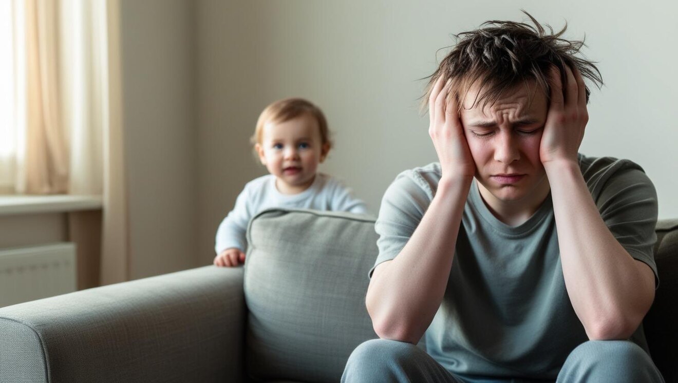 二日酔いで苦しむ人とそれを見ている子ども (1).jpg