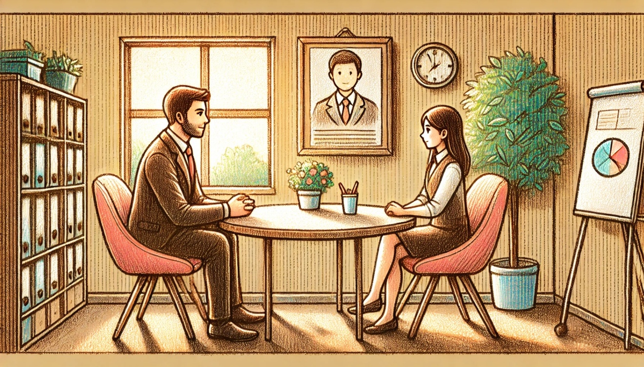DALL·E 2024-12-17 21.32.53 - A horizontal crayon-style illustration of an office scene with a warm, cozy, and friendly atmosphere. In a small meeting room, a male boss and a femal.jpg