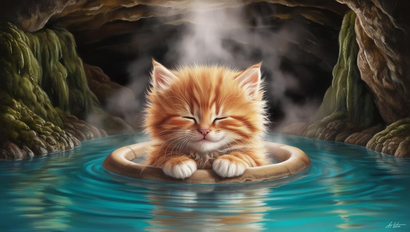 洞窟の温泉に子猫が入って目を瞑っている.jpg