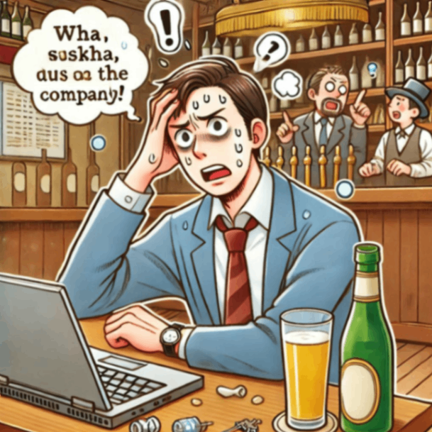 居酒屋で会社の愚痴を言う酔っぱらいのサラリーマンのイラスト.png