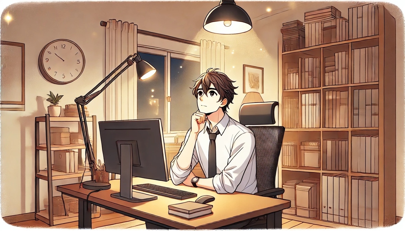DALL·E 2025-01-02 21.31.47 - A 30-year-old man sitting at a desk in his home office, with bookshelves, a lamp, and a computer on the desk in the background. The man is looking upw.jpeg