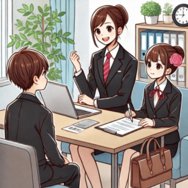 スーツを着た会社のバリキャリウーマンが就活中の学生と話しているイラスト.png