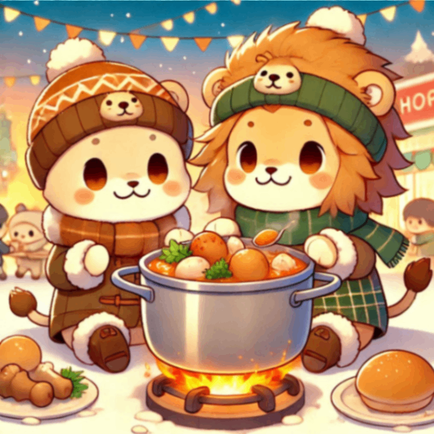 かわいいライオンたちが鍋をつつきながら温かい服装をしておいしく食べているアニメ風イラスト.png