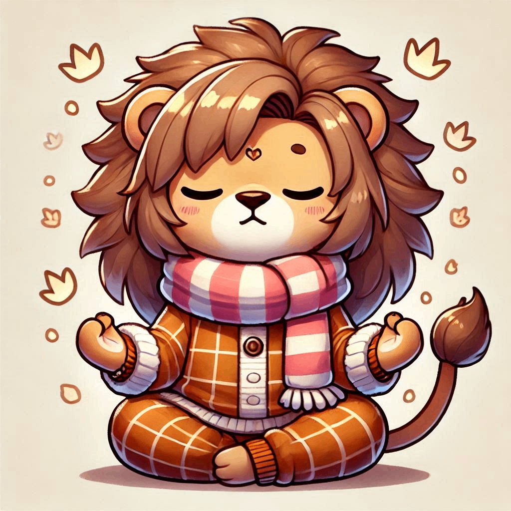 かわいいライオンたちが目を閉じて瞑想しているアニメ風イラスト、温かい服装.png