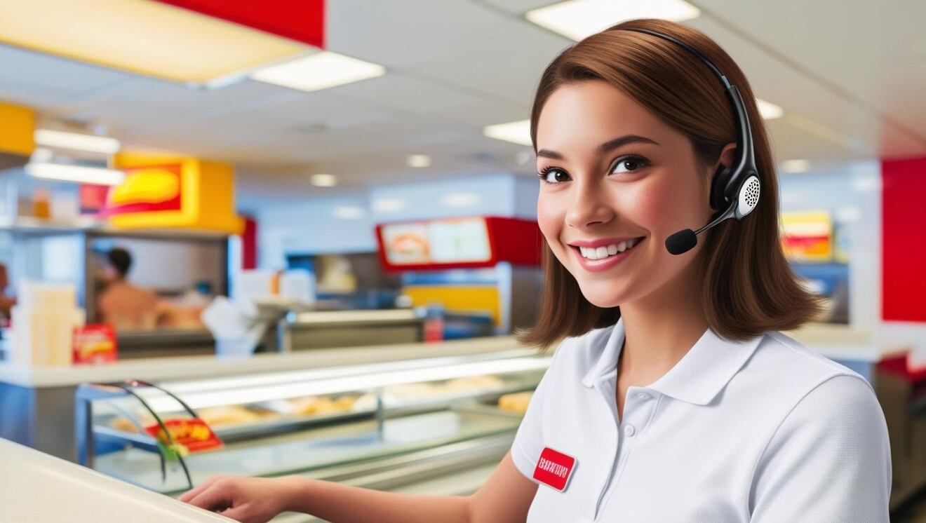 左耳にヘッドセットとマイクをつけているファストフード女性定員　 (1).jpg